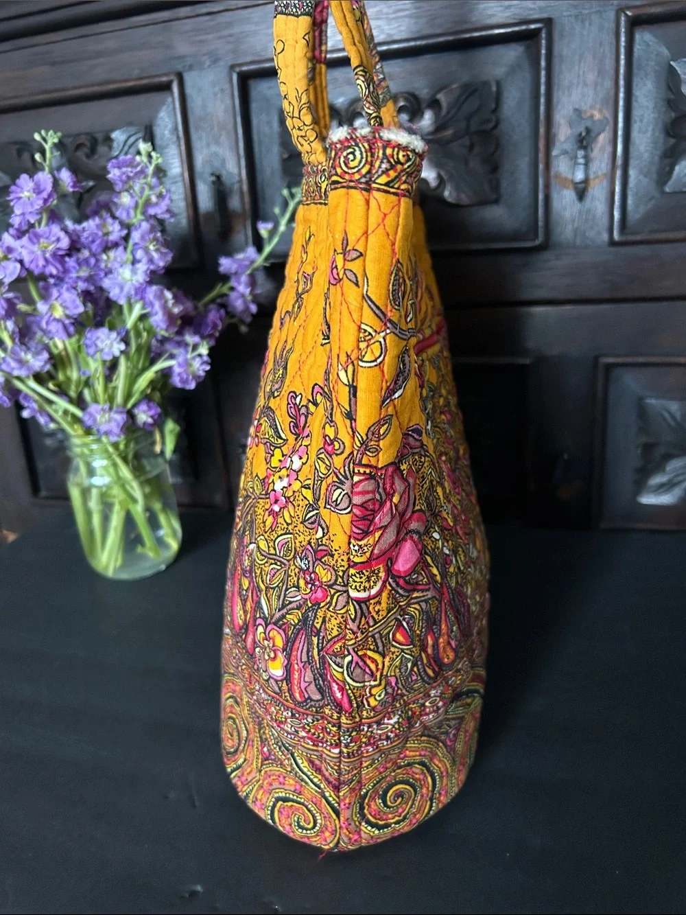 Vintage Valdrome Quilted Floral Tote Bag in Mustard Yellow